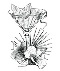Tropical cocktail with flower arrangement