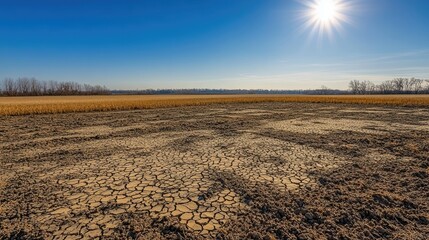 Sunlit Dry Farmland with Cracked Soil and Distant Trees in a Serene Landscape
