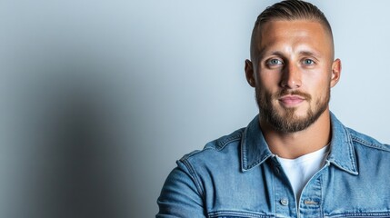 Obraz premium Caucasian young male with beard in denim jacket on light background