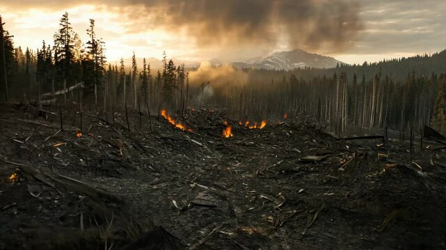 Destruction of forest landscape with smoke and fire under a dramatic sunset sky - Powered by Adobe