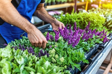 Male gardener arranging vibrant purple and green flowers in a nursery setting