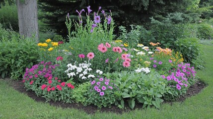 Vibrant and Colorful Flower Bed Surrounded by a Lush Green Garden Landscape