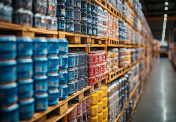 Warehouse Inventory: Rows of neatly stacked pallets filled with various colorful canned goods and packaged products line the aisles of a large warehouse, showcasing efficient inventory management. 