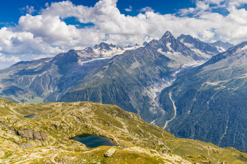Lake in the Alps. Beautiful clear turquoise water lake in Chamonix Mont Blanc valley in French...