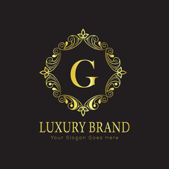 Letter Luxury brand logo design with a royal gold crown emblem and elegant typography
