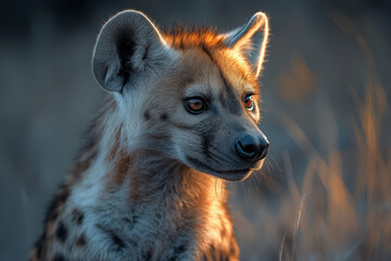 A striking close-up of a hyena in the wild, highlighting its intense gaze and distinctive features. This captivating image showcases the raw beauty of nature&rsquo;s scavenger.