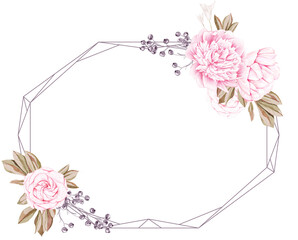 Pale Pink Peonies Geometric Frame, Watercolor, Hand-Draw Art