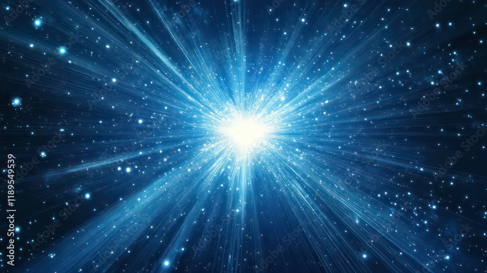 Poster bright blue light burst exploding from center in dark space with stars.