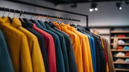 Colorful jackets, coats hang on racks in retail store. Stylish outerwear collection ready for customers. Variety of colors displayed for potential customers. Shopping experience at clothing boutique.