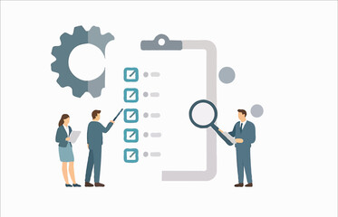Business Checklist Concept. Vector illustration in flat style of a group of business people working around a clipboard with a document with a list of completed tasks. Isolated on background
