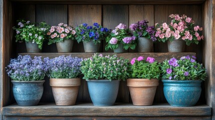 Colorful display of blooming potted flowers on rustic wooden shelf at garden space