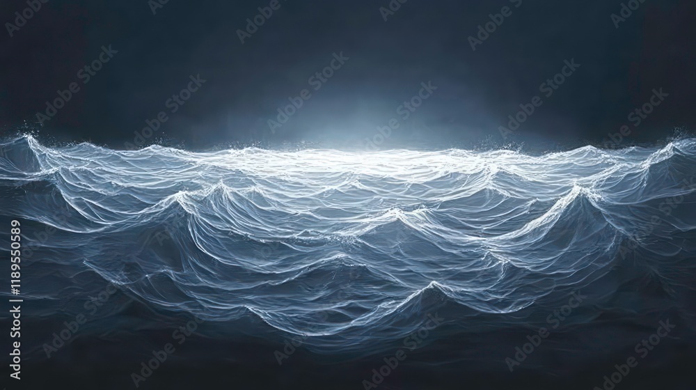 Poster dark blue ocean waves glow faintly in the center, creating a mysterious and serene atmosphere.