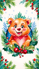 Naklejka premium A cheerful cartoon bear surrounded by holiday greens, red holly berries, and snowflakes, embodying festive joy.