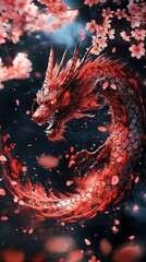 Fiery red dragon coiled amidst falling cherry blossoms.