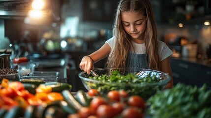 Girl preparing a healthy salad in a kitchen.