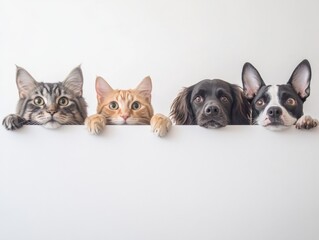 Four pets peering over a white barrier