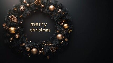 a christmas wreath with golden ornaments on a black background
