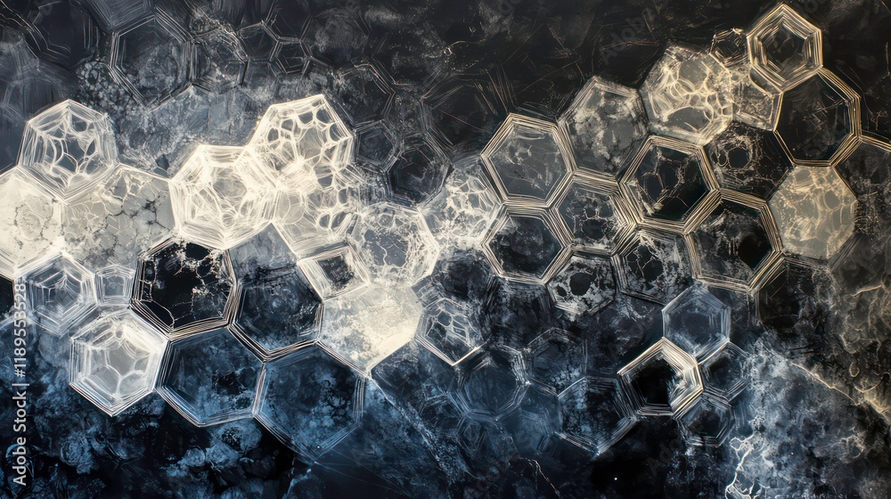 Poster Abstract hexagonal pattern with light and dark tones, resembling ice or cells.