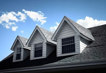 A high-angle shot of the roof of an American-style house with three gable windows, under a clear blue sky.