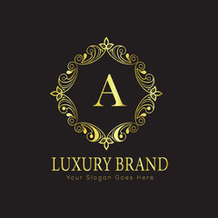 Letter Luxury brand logo design with a royal gold crown emblem and elegant typography
