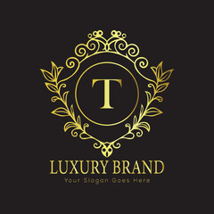 Letter Luxury brand logo design with a royal gold crown emblem and elegant typography
