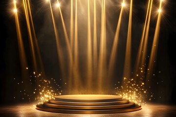 Podium with golden light lamps background. Golden light award stage with rays and sparks, Generative Ai