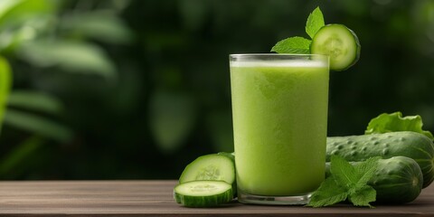 A glass of green juice with cucumber slices on the side
