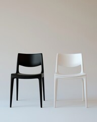 Obraz premium Two identical chairs, one black and one white, sit side by side against a neutral backdrop, representing unity and diversity in the celebration of Black History Month, fostering inclusion