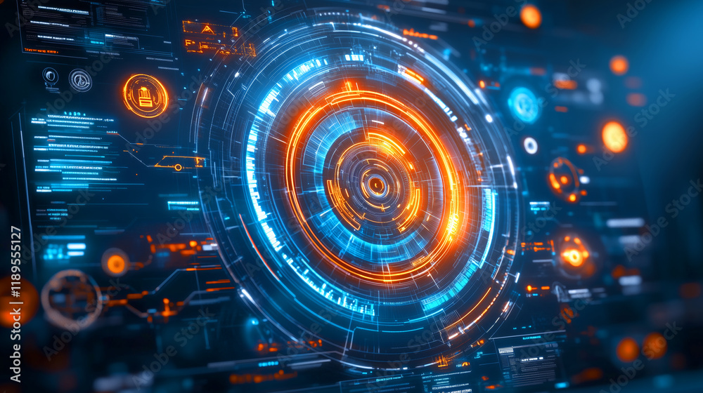 Poster futuristic digital interface with glowing circular patterns