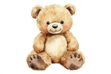 a brown teddy bear sitting against a white background