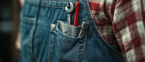 a person wearing denim overalls with tools in the pocket
