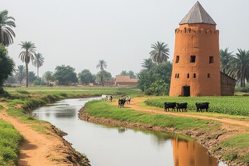 Rural African landscape Cattle graze near irrigation canal and traditional tower. Use Travel, cultural tourism