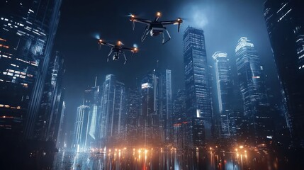 Two drones fly over a futuristic cityscape at night. Urban, illuminated skyscrapers reflect in a dark water surface below. High-tech surveillance, urban development, nighttime cityscape, modern archit
