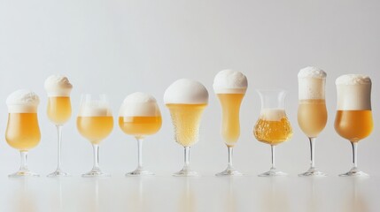 various glasses of foamy beer on a white background