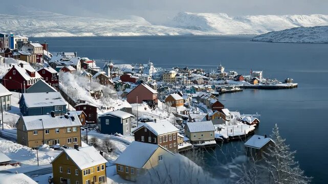 Winter landscape of Hammerfest in Finnmark, Norway showcasing colorful buildings and harbor, Hammerfest City, Finnmark, Norway
