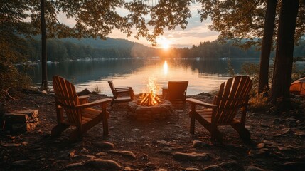 Fototapeta premium Sunset campfire scene by a lake with Adirondack chairs.