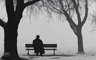 Monochromatic artistic depiction of a lonely figure in a contemplative pose, shrouded in shadows and soft light, evoking solitude, introspection, and longing

