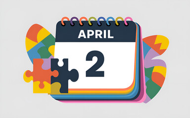 Fototapeta premium Calendar showing April 2 with colorful puzzle pieces in the background, symbolizing Autism Awareness Day, unity, and inclusion, conceptual illustration.