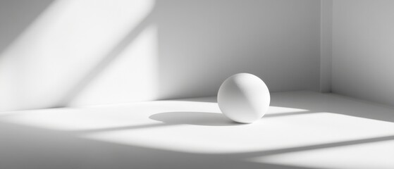 a white sphere in a bright, white room with light and shadows.
