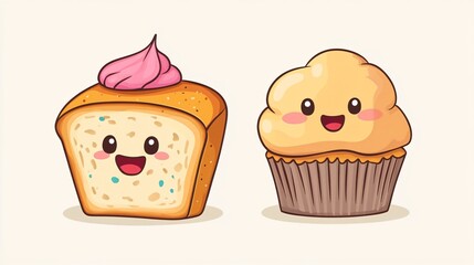 Delicious Slice Bread and Cupcake Kawaii Food Cartoon Character