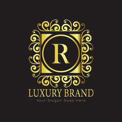 Letter Luxury brand logo design with a royal gold crown emblem and elegant typography
