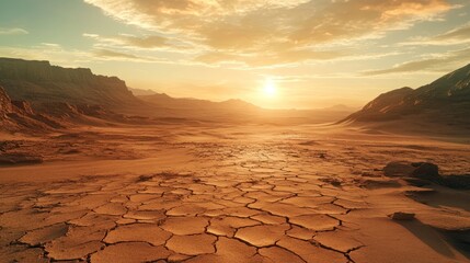 Vast arid desert landscape at sunset with cracked earth, dramatic mountains in the distance.