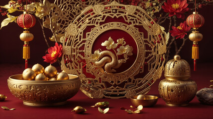 Obraz premium Luxurious Golden Chinese New Year Still Life with Dragon Ornament 