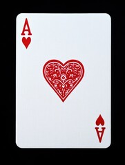 Obraz premium Ace of Hearts Playing Card. Isolated on Black with a Bold Frontal Design for Gamblers and Card Enthusiasts