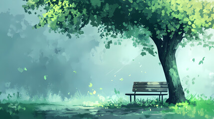 Obraz premium There is a tree with green leaves on it and a bench. Leafglow. Illustration