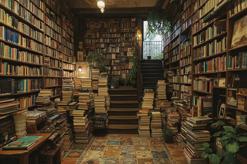 Obraz premium Cramped Library Space Utilizing Vertical Stacking Shelves