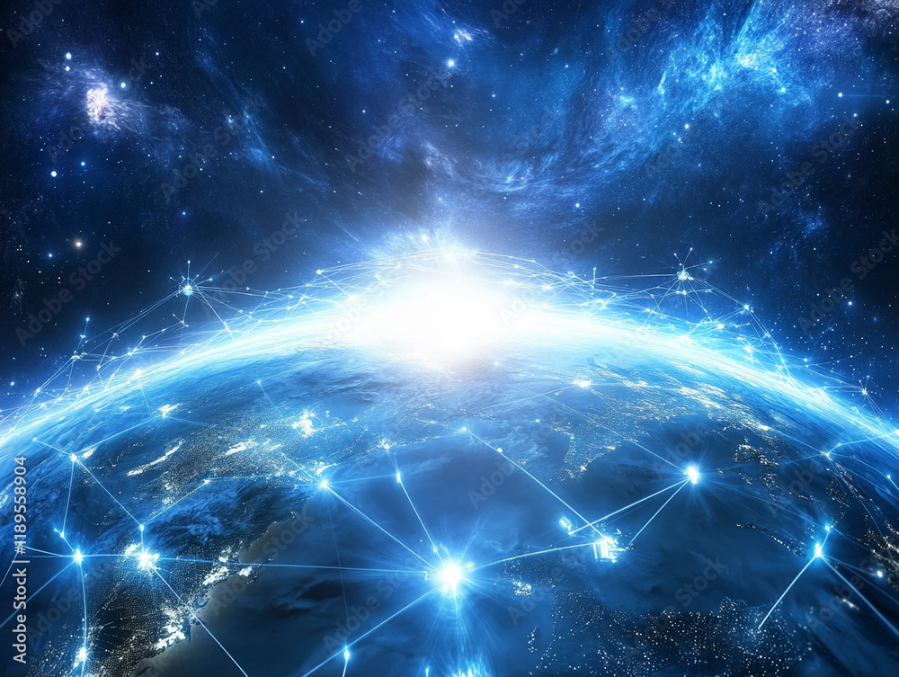 Poster earth illuminated with glowing network connections in space