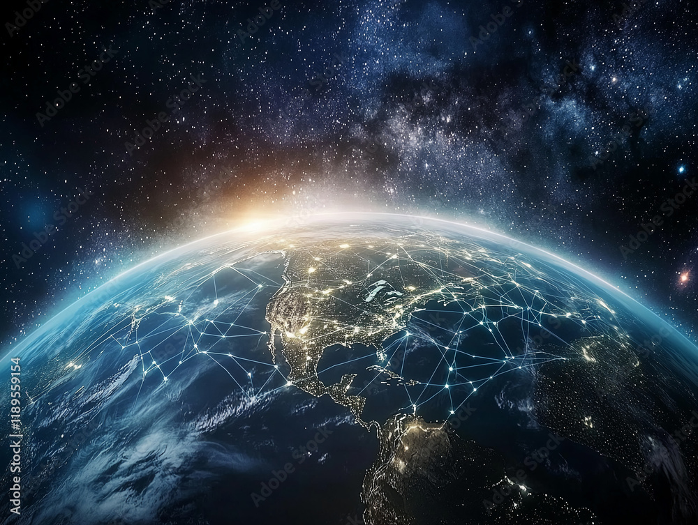 Poster digital earth with glowing network connections and galaxy background