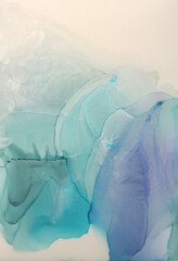 Smoke Glow texture alcohol ink, watercolor wave painting flow blot. Abstract nacre silver, violet blue stain on beige background.