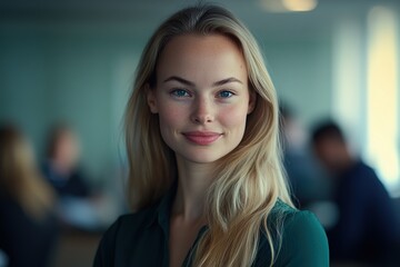 Fototapeta premium Portrait of an attractive blonde woman with long hair wearing a green shirt, smiling in the office.